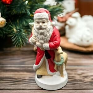 Santa Claus Vintage Porcelain Figure Deer Sack 5.25” Tall Christmas Holiday Deco